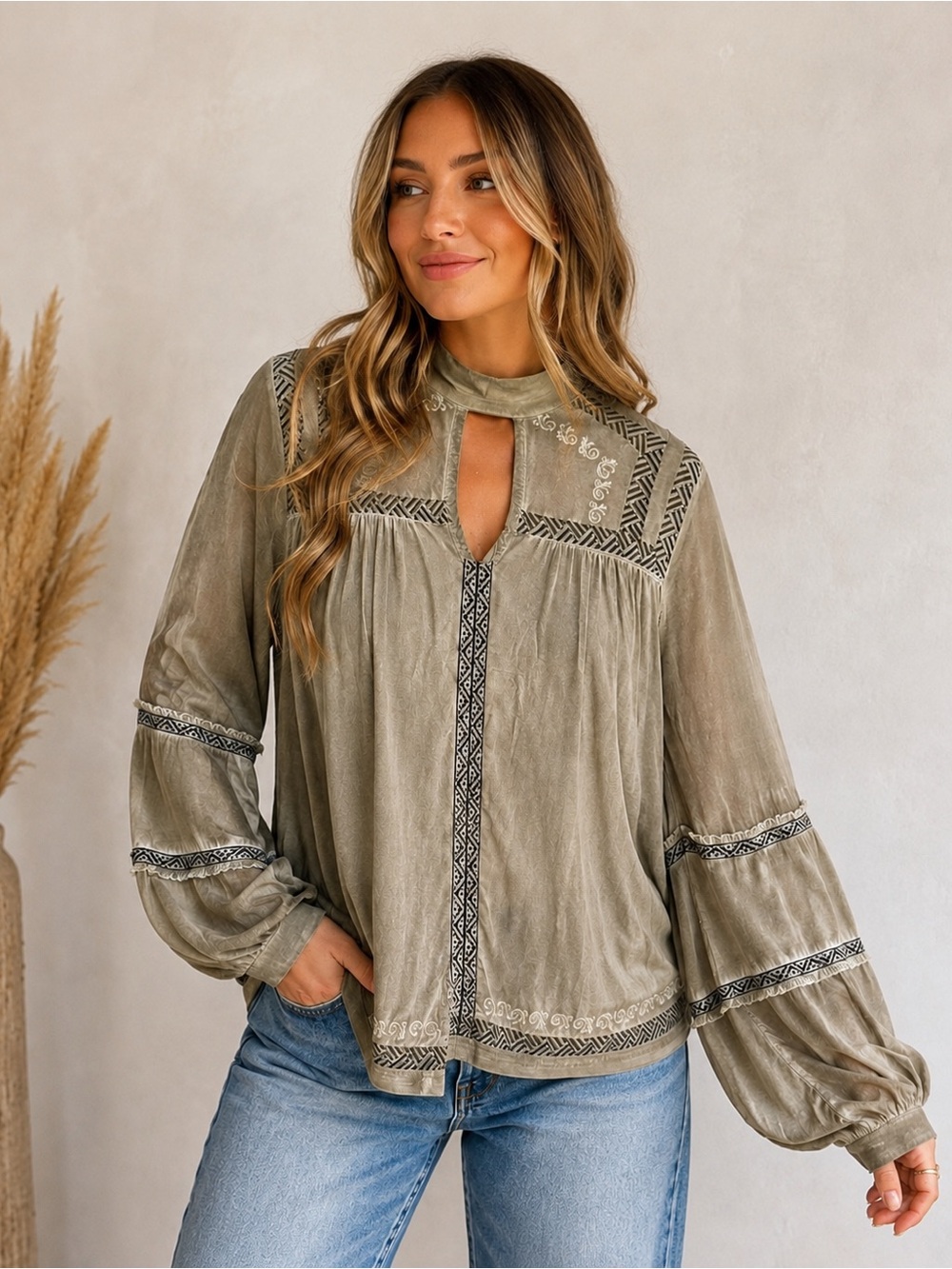 POL Womens Small Boho Embroidered High Neck Blouse Balloon Sleeve Taupe Top